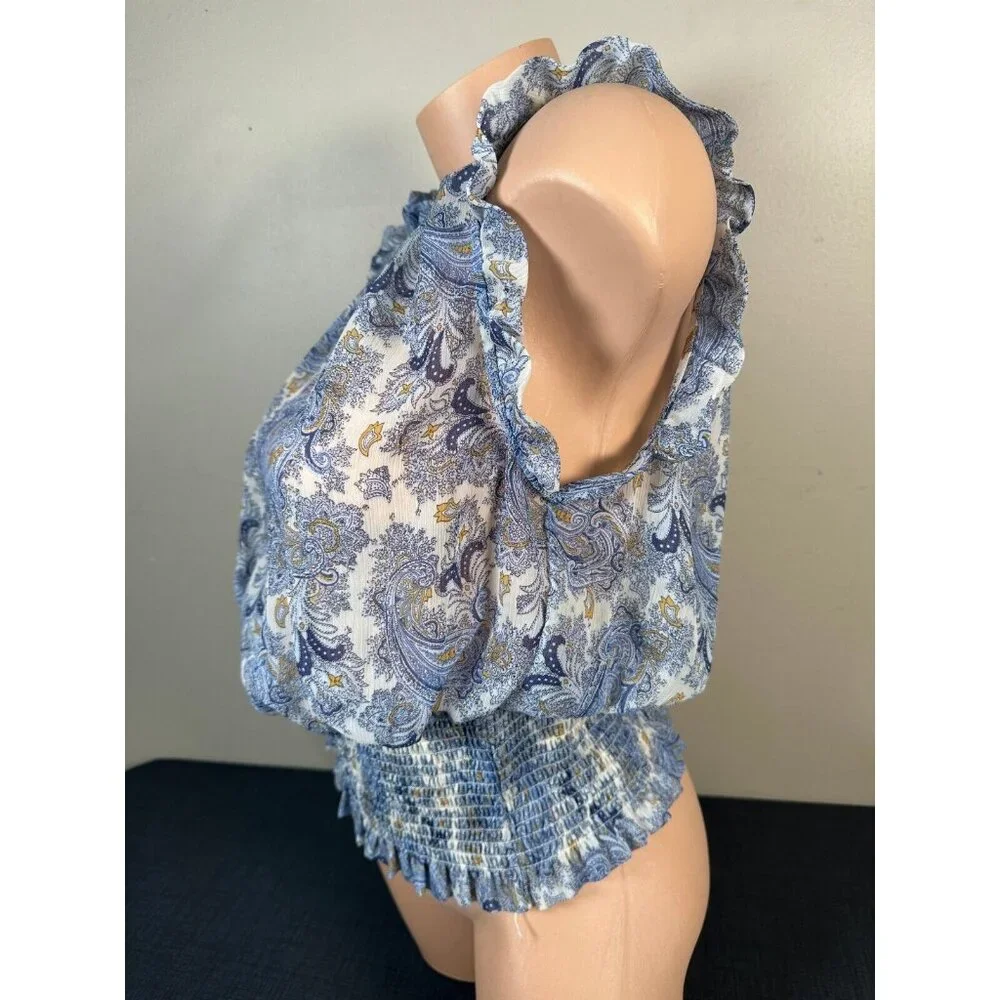 Maison D'Amelie Medium Top Floral Flowy Ruffled Blue Cinch Waist Sleeveless